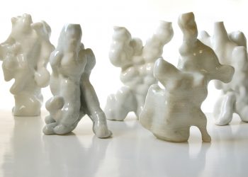 Jonathan Keep, Random growth series, 2014, 3D printed ceramics – Porcelain and glaze, each 5.1 x 3.9 x 9 inches / 13 x 10 x 23 cm.