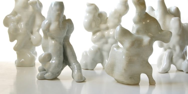 Jonathan Keep, Random growth series, 2014, 3D printed ceramics – Porcelain and glaze, each 5.1 x 3.9 x 9 inches / 13 x 10 x 23 cm.
